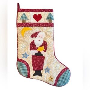 Quilted Christmas Stocking Santa Claus Patchwork Tree Star Heart Country Vintage